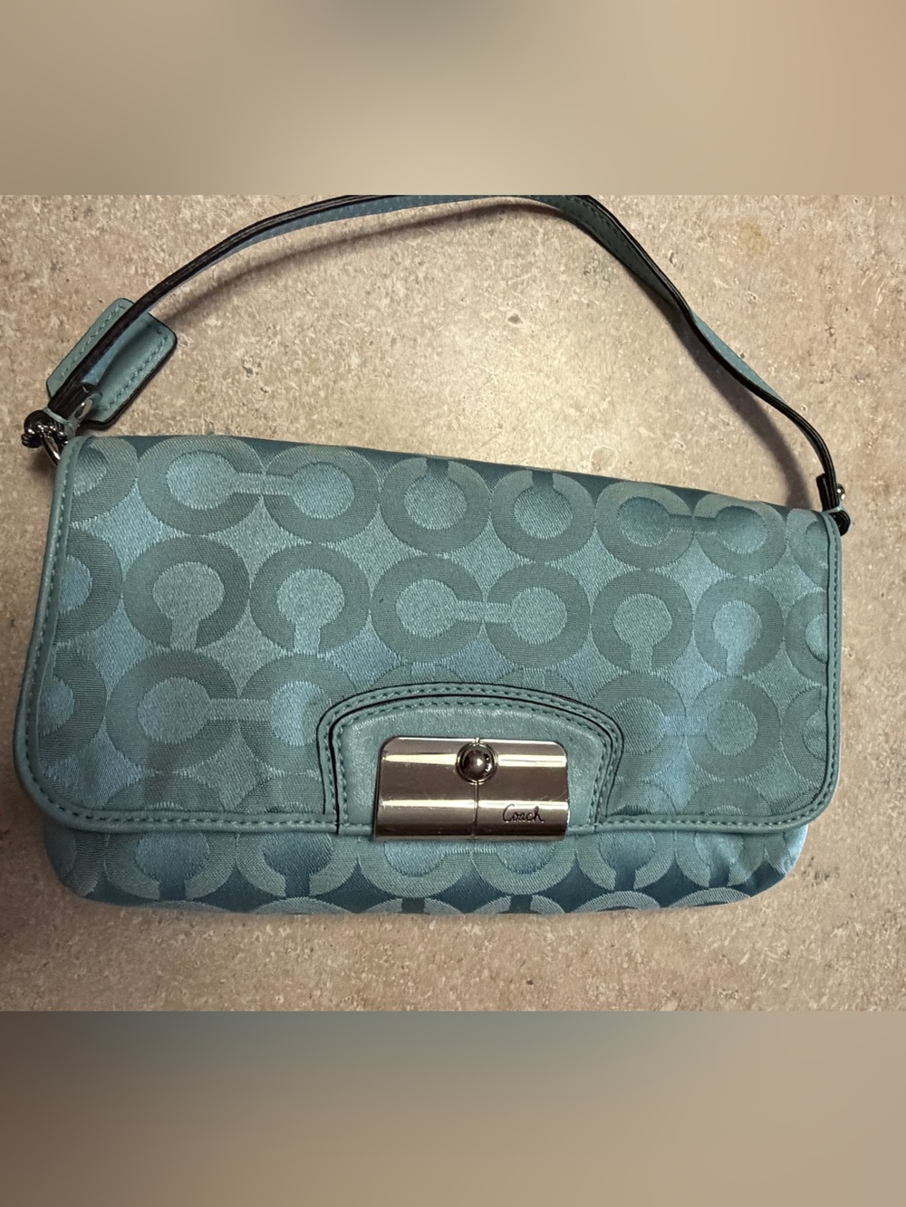 Vintage Coach Teal Signature Jacquard Clutch with Silver-Tone Turnlock y2k